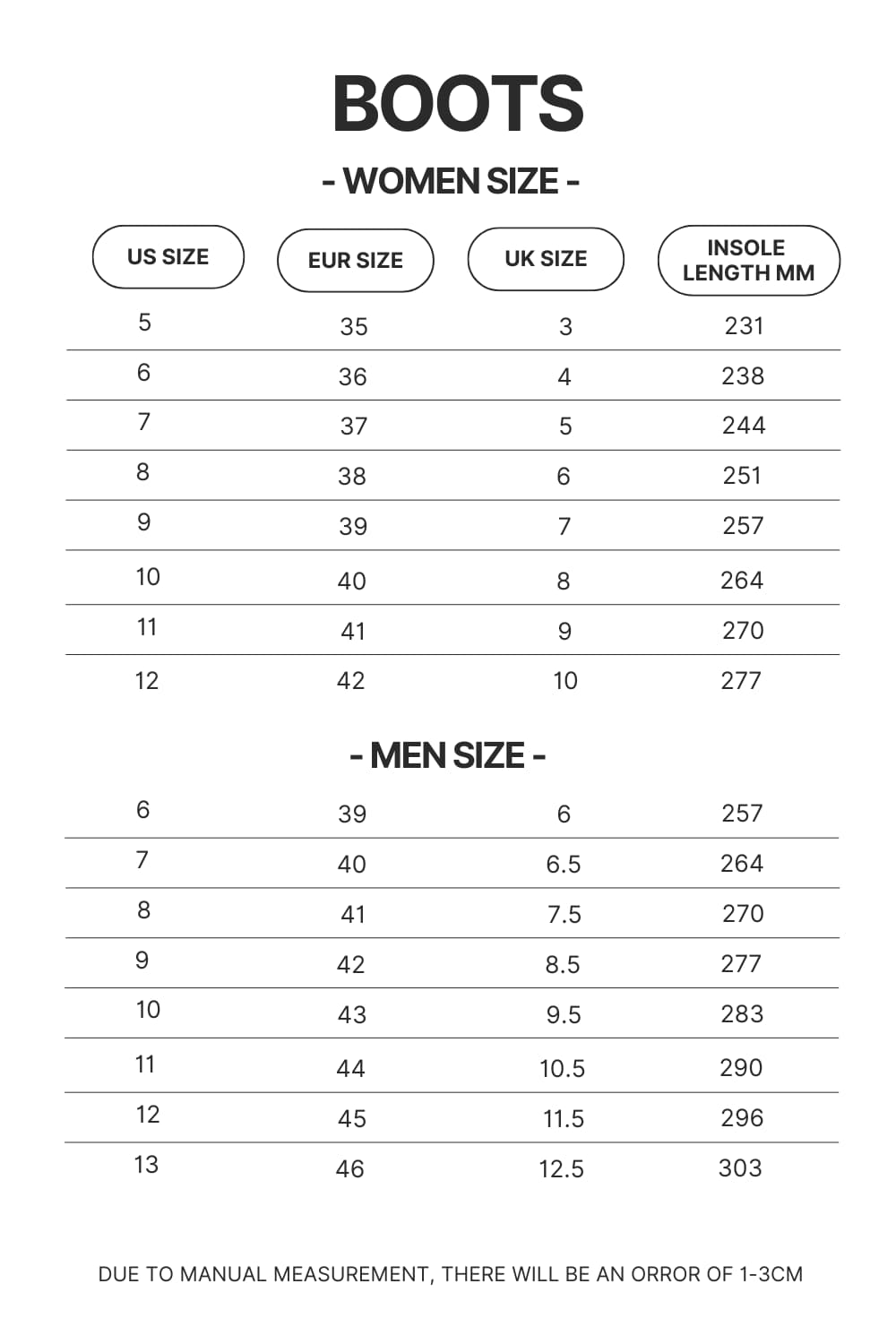 Boots Size Chart - One Piece Shoes Store