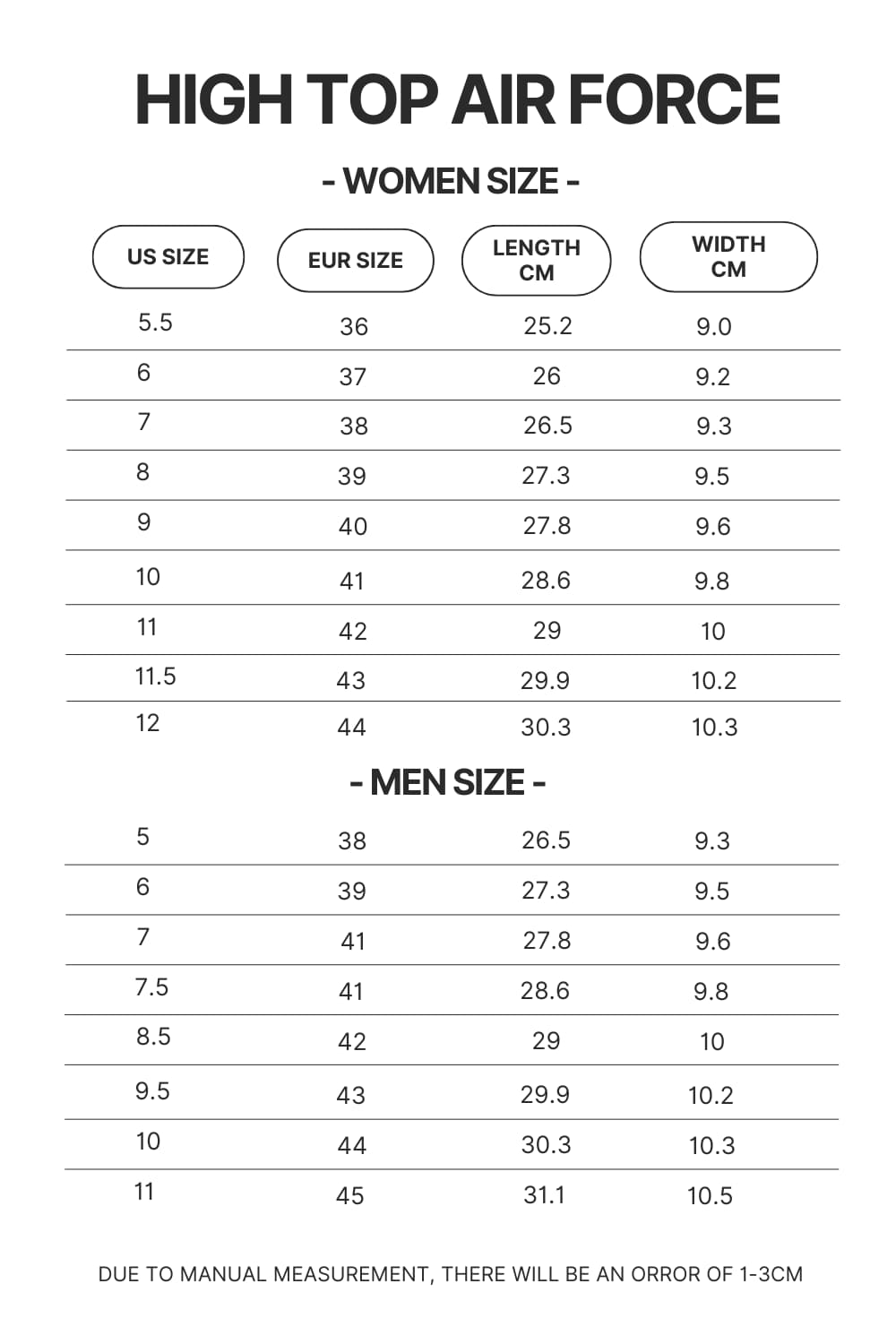 High Top Air Force Shoes Size Chart - One Piece Shoes