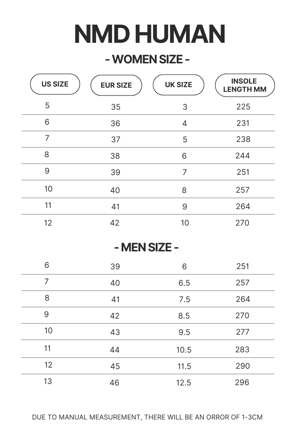 NMD Human Shoes Size Chart - One Piece Shoes Store