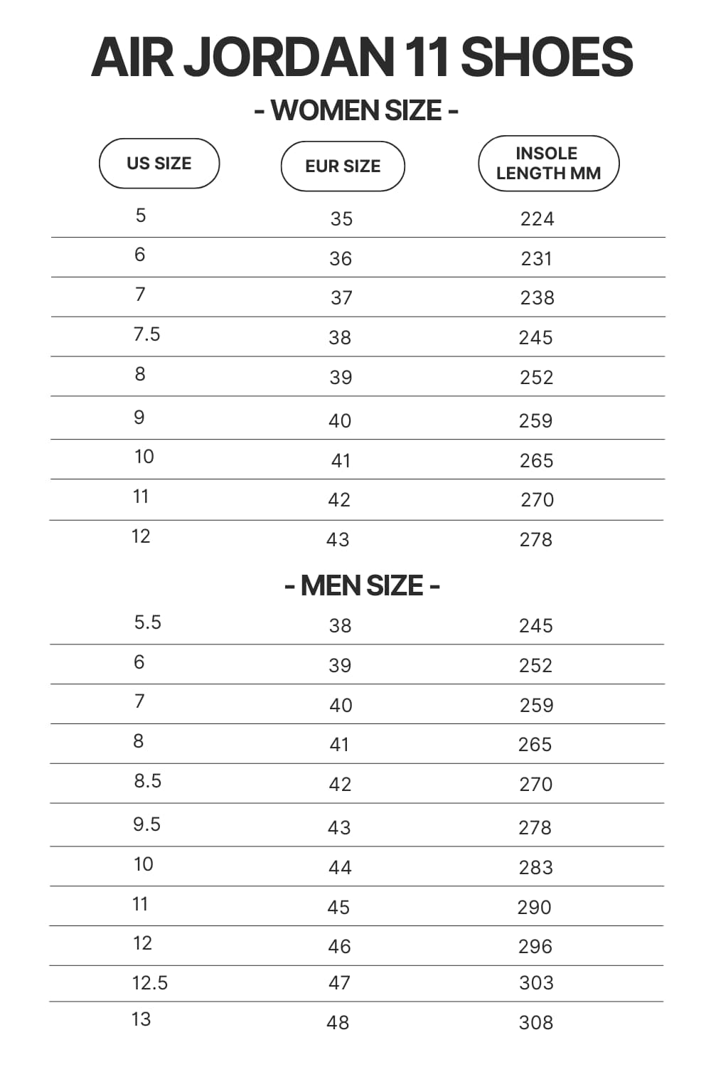 Air Jordan 11 Shoes Size Chart - One Piece Shoes Store