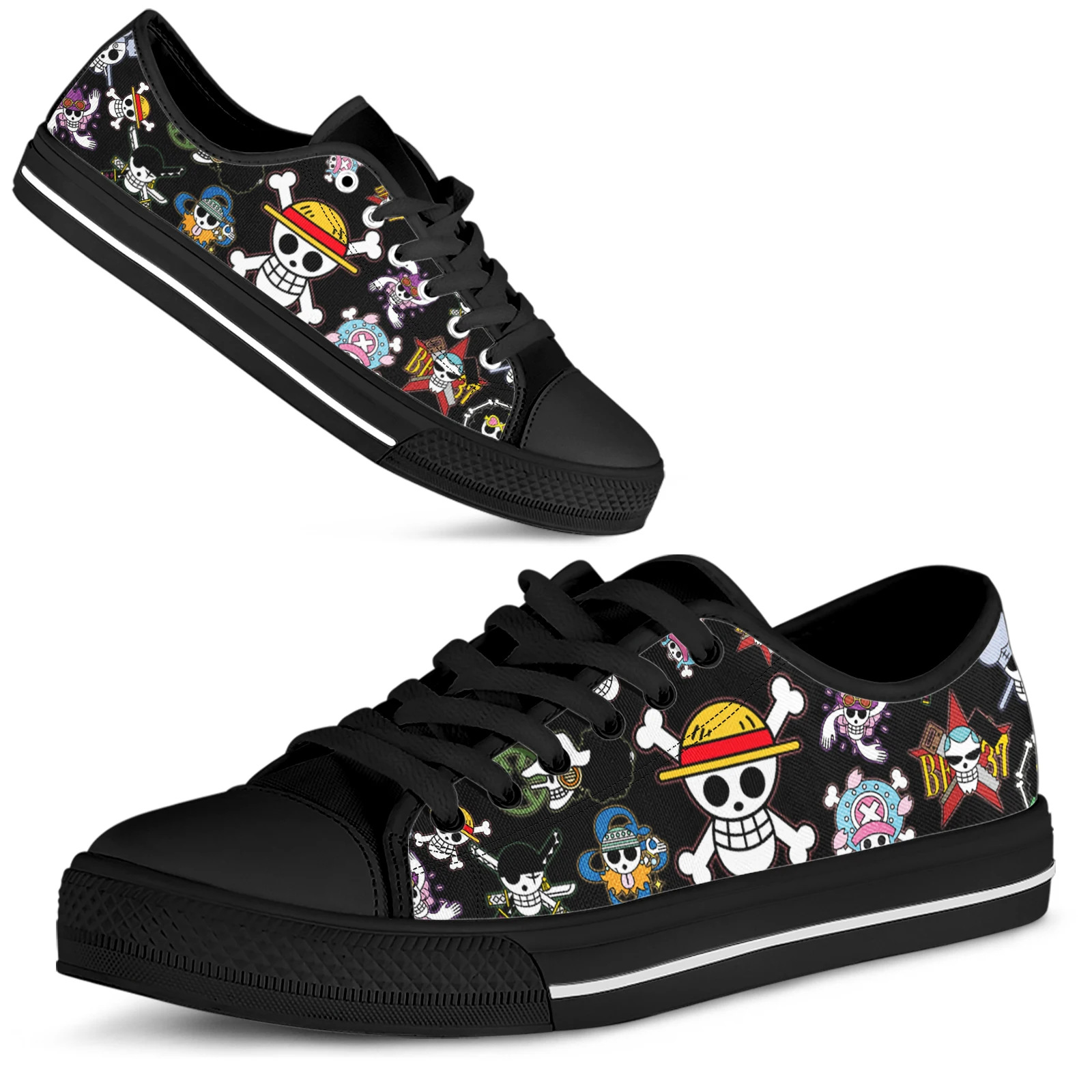 ELVISWORDS One Piece Design Shoes Comfortable Anime Print Shoes Black Cartoon Skull Print Shoes Classic Low 3 - One Piece Shoes Store