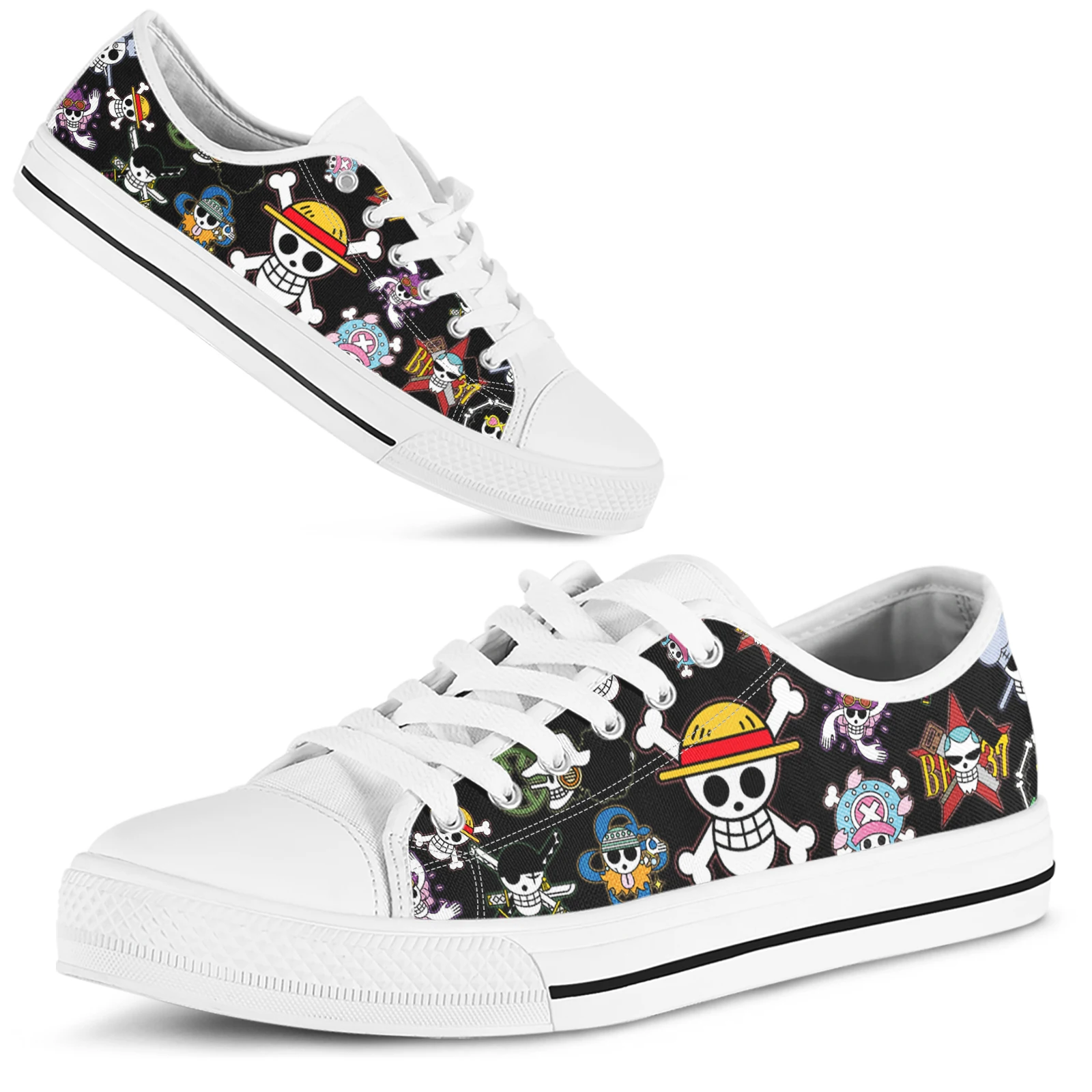 ELVISWORDS One Piece Design Shoes Comfortable Anime Print Shoes Black Cartoon Skull Print Shoes Classic Low 4 - One Piece Shoes Store