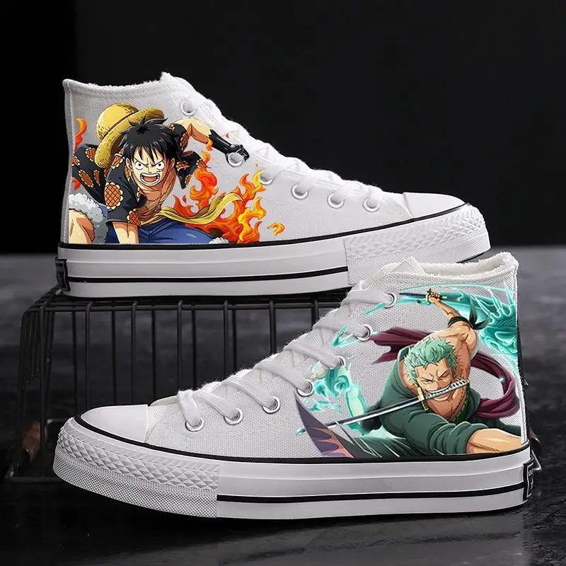 New Anime One Piece Canvas Sneakers Casual Shoes Unisex Cartoon Luffy Roronoa Printing Comfortable Flat Shoes 4 - One Piece Shoes Store